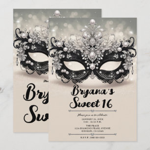 Invitación Diamantes y Perlas Máscara de Encaje Negro Sweet 1