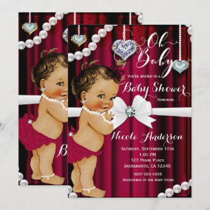 Invitación Diamantes y Perlas Rojo Glamour Vintage Shower de 