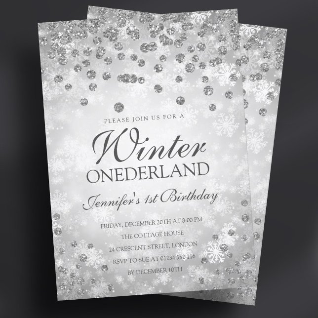 Invitación Diamantes y Purpurinas de invierno plateado | 1 cu (Silver Winter Diamonds & Glitter | 1st Birthday Invitation)