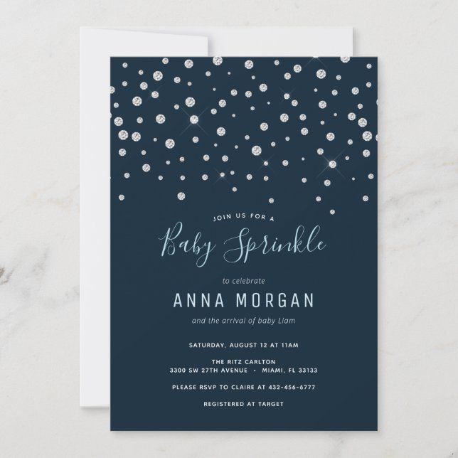Invitación Diamantes y rociado de bebé azul de la marina (Anverso)