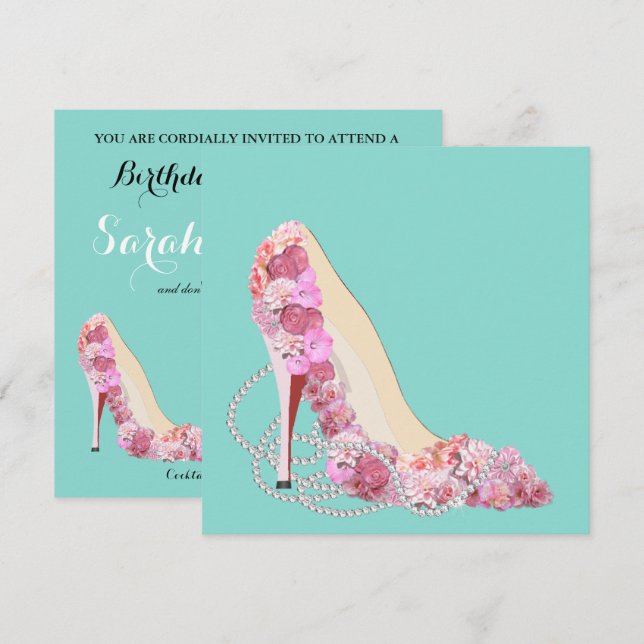 Invitación Diamantes y talones de flores Fiesta de ducha (Anverso / Reverso)