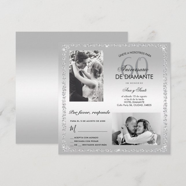 Invitación Diamond 60th Wedding Anniversary Double Photo  (Anverso / Reverso)