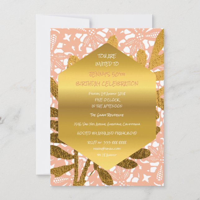 Invitación Diamond Birday Peach Pastel Gold Leaf Lace (Anverso)