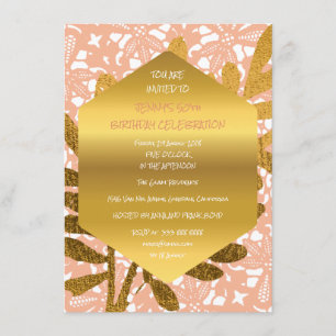 Invitación Diamond Birday Peach Pastel Gold Leaf Lace