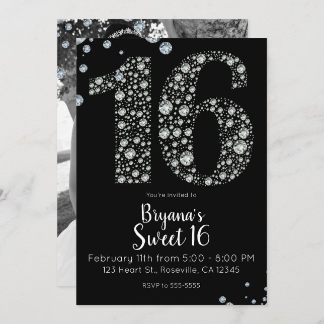 Invitación Diamond Bling 16 Dieciséis cumpleaños foto (Anverso / Reverso)