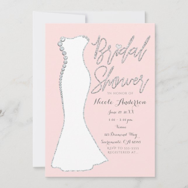 Invitación Diamond Bling Boda Vestido Ropa de Novias Rosa (Anverso)