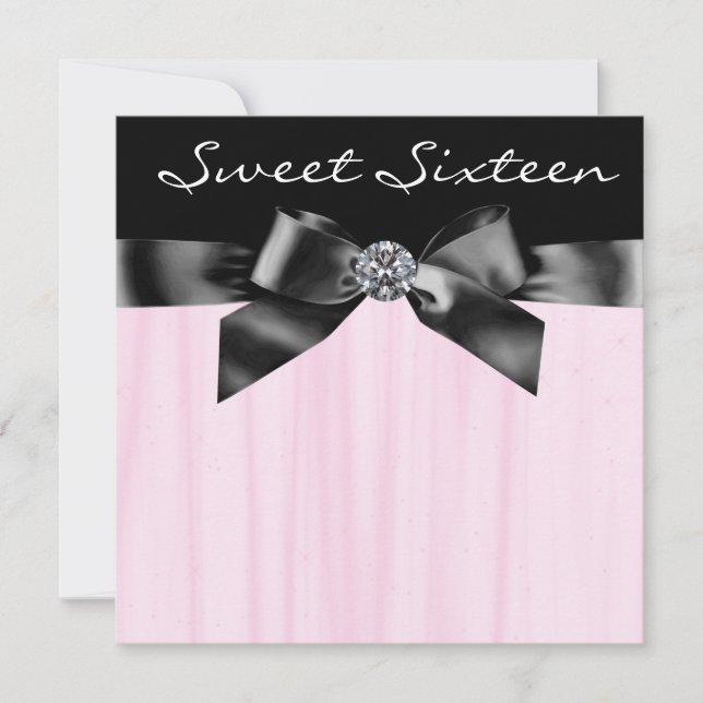 Invitación Diamond Bow Black Sweet Rosado Dieciséis Cumpleaño (Anverso)