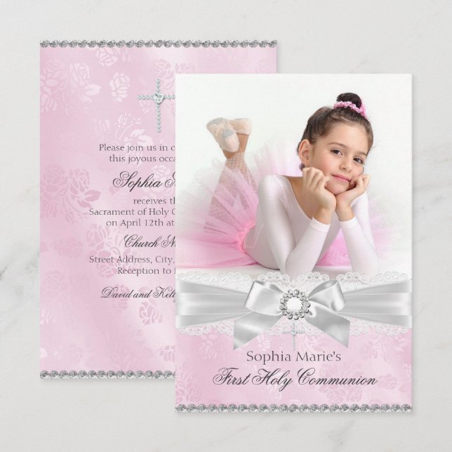 Invitación Diamond Bow Foto Rosa Primero Comunión Santa (Anverso / Reverso)