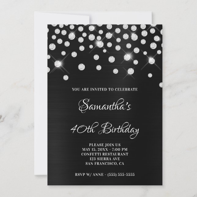 Invitación Diamond Confetti Black Satin Relieve metalizado Om (Anverso)
