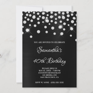 Invitación Diamond Confetti Black Satin Relieve metalizado Om