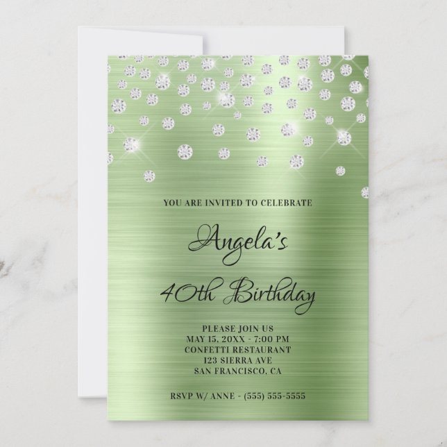 Invitación Diamond Confetti Mint Satin Relieve metalizado Omb (Anverso)