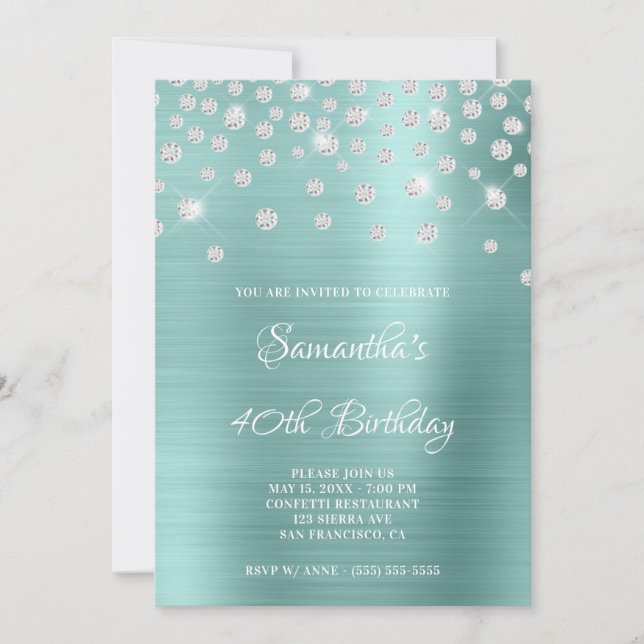 Invitación Diamond Confetti Pale Turquoise Satin Relieve meta (Anverso)