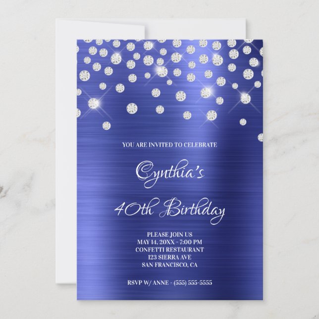 Invitación Diamond Confetti Sapphire Satin Relieve metalizado (Anverso)
