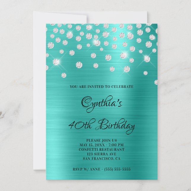 Invitación Diamond Confetti Turquoise Satin Relieve metalizad (Anverso)