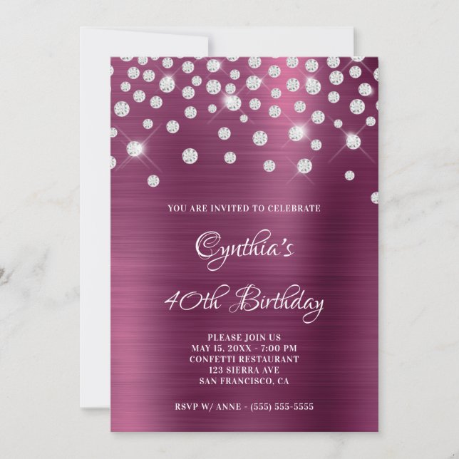Invitación Diamond Confetti Wine Satin Relieve metalizado Omb (Anverso)
