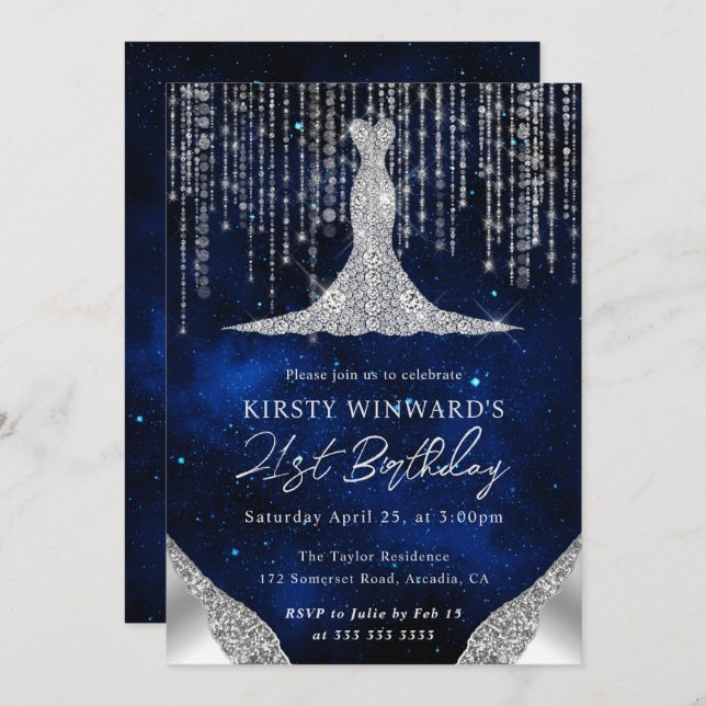 Invitación Diamond Dress & Bokeh String Lights 21 cumpleaños (Anverso / Reverso)