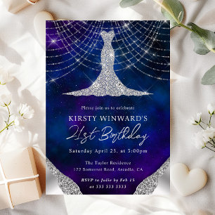 Invitación Diamond Dress & Bokeh String Lights 21 cumpleaños