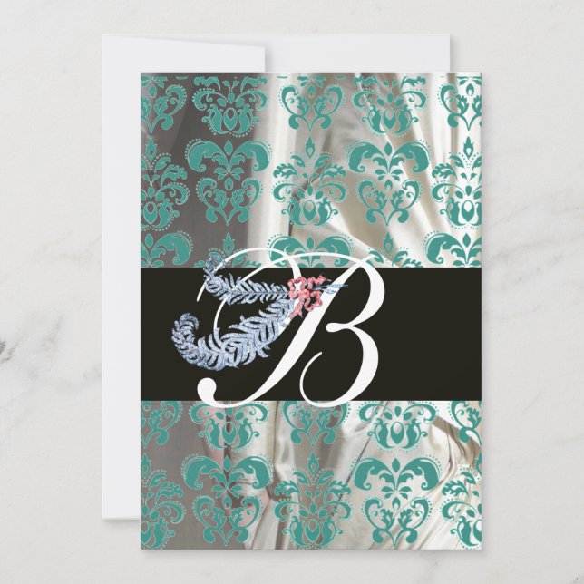 INVITACIÓN DIAMOND FEATHER BLUE BLANCO LECHE DAMASK MONOGRAM (Anverso)