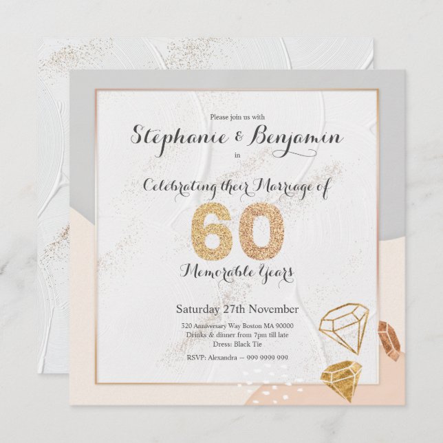 Invitación Diamond Glitter 60º Aniversario de Boda Elegante (Anverso / Reverso)