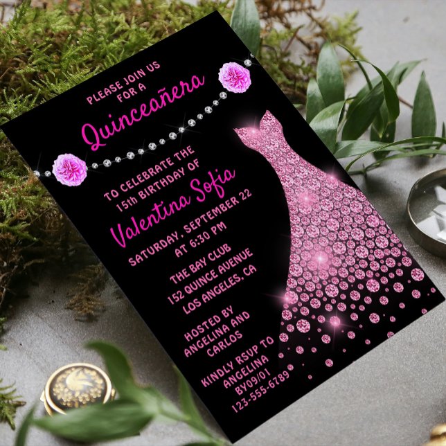 Invitación Diamond Gown Rosa Rosa Rosa Moderna Quinceañera (Subido por el creador)