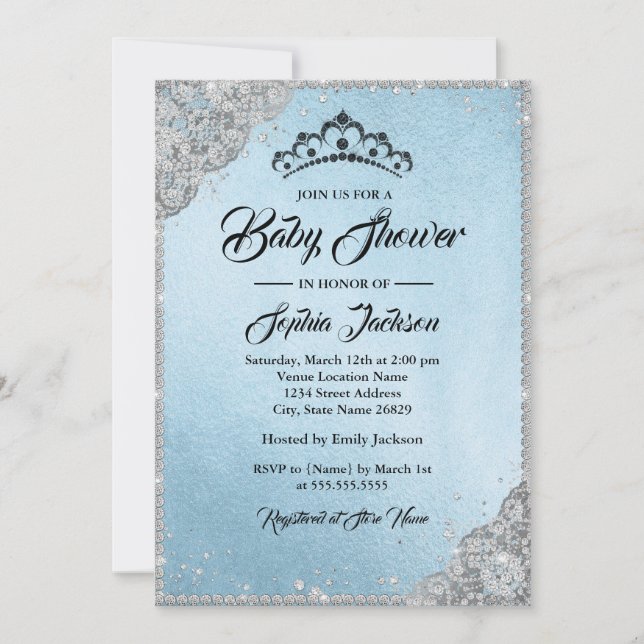 Invitación Diamond Lace Sparkle Blue Silver Baby Shower (Anverso)