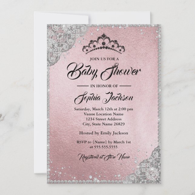 Invitación Diamond Lace Sparkle Chica Plata Rosa Baby Shower (Anverso)