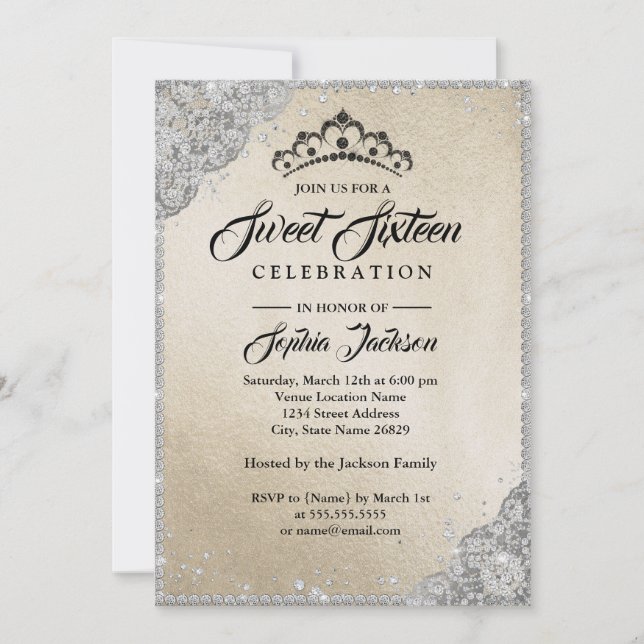 Invitación Diamond Lace Sparkle Gold Silver Sweet 16 (Anverso)