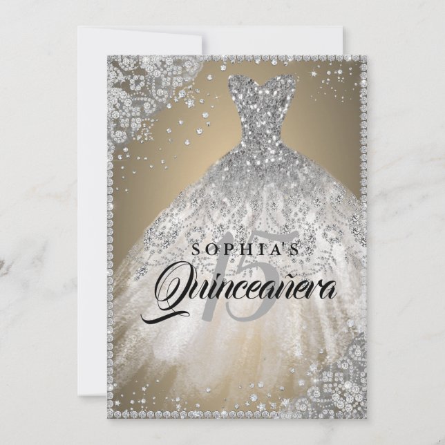 Invitación Diamond Lace Sparkle Gown Gold Silver Quinceanera (Anverso)