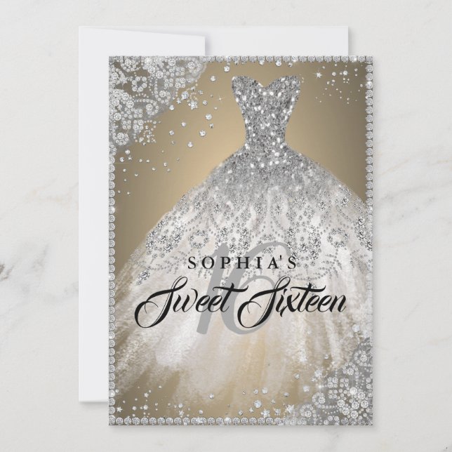 Invitación Diamond Lace Sparkle Gown Gold Silver Sweet 16 (Anverso)