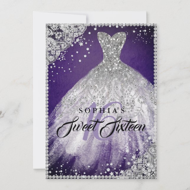 Invitación Diamond Lace Sparkle Gown Morple Silver Sweet 16 (Anverso)