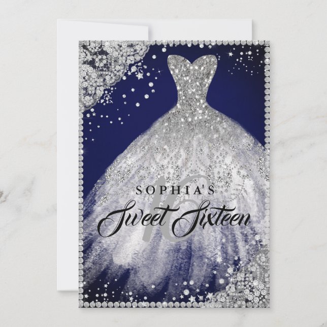Invitación Diamond Lace Sparkle Gown Navy Silver Sweet 16 (Anverso)