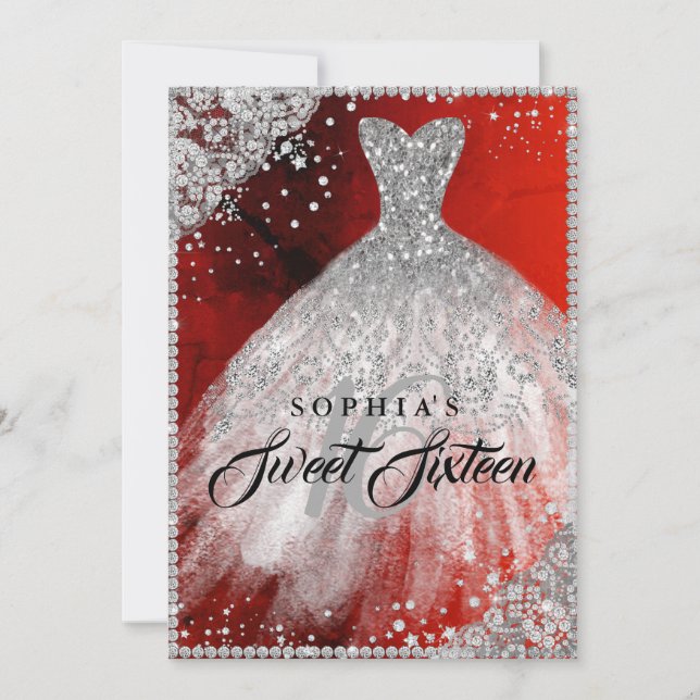 Invitación Diamond Lace Sparkle Gown Red Sweet Dieciséis (Anverso)
