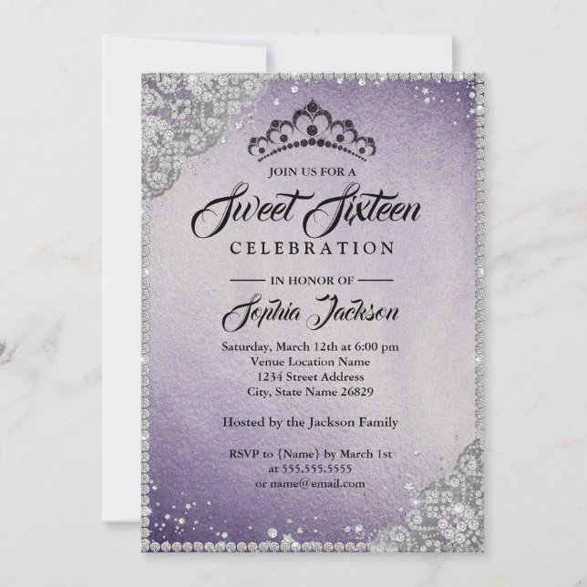 Invitación Diamond Lace Sparkle Morple Silver Sweet 16 (Anverso)