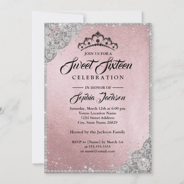 Invitación Diamond Lace Sparkle Plata Rosa Dulce Dieciséis (Anverso)