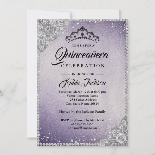 Invitación Diamond Lace Sparkle Purple Quinceanera (Anverso)