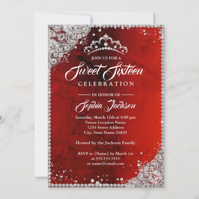 Invitación Diamond Lace Sparkle Red Sweet Dieciséis (Anverso)