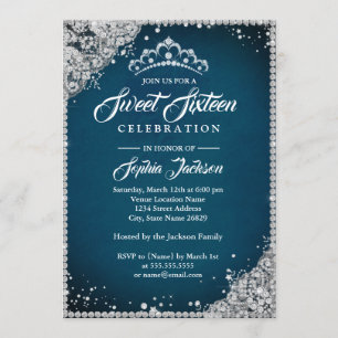 Invitación Diamond Lace Sparkle Tiara Blue Silver Sweet 16