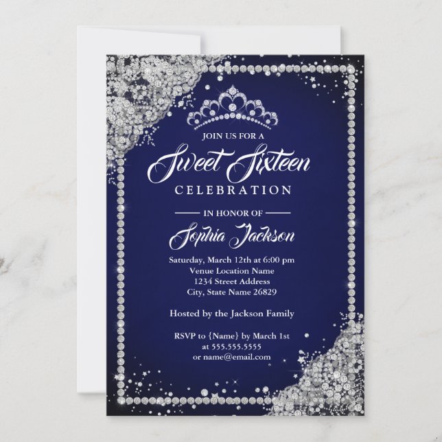 Invitación Diamond Lace Sparkle Tiara Navy Sweet 16 (Anverso)