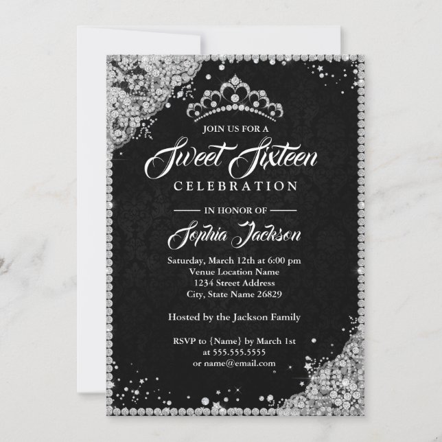 Invitación Diamond Lace Sparkle Tiara Plata Dulce negro 16 (Anverso)
