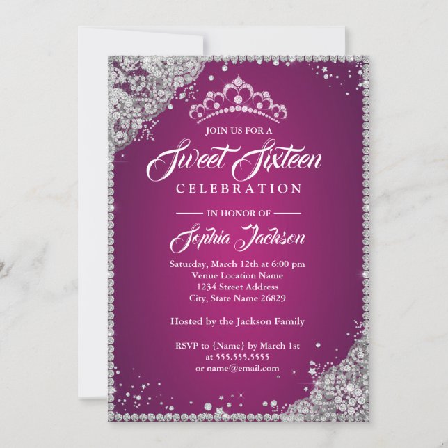 Invitación Diamond Lace Sparkle Tiara Plata Rosa Dulce 16 (Anverso)
