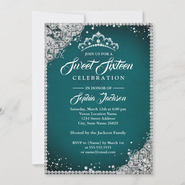 Invitación Diamond Lace Sparkle Tiara Plata Verde azulada dul (Anverso)