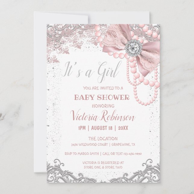 Invitación Diamond Pearl Rubor Pink Girly Elegly Baby Shower (Anverso)