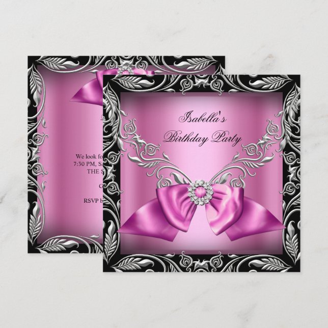 Invitación Diamond Pink Bow Silver Black Birday Party (Anverso / Reverso)