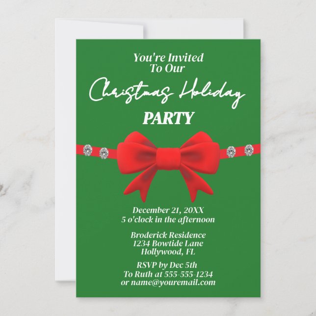 Invitación Diamond & Red Bow Holiday Christmas Party  (Anverso)