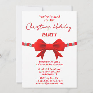 Invitación Diamond & Red Bow Holiday Christmas Party 