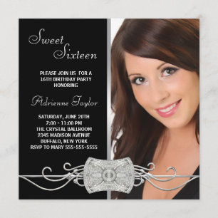 Invitación Diamond Silver Black Photo Sweet Dieciséis cumplea