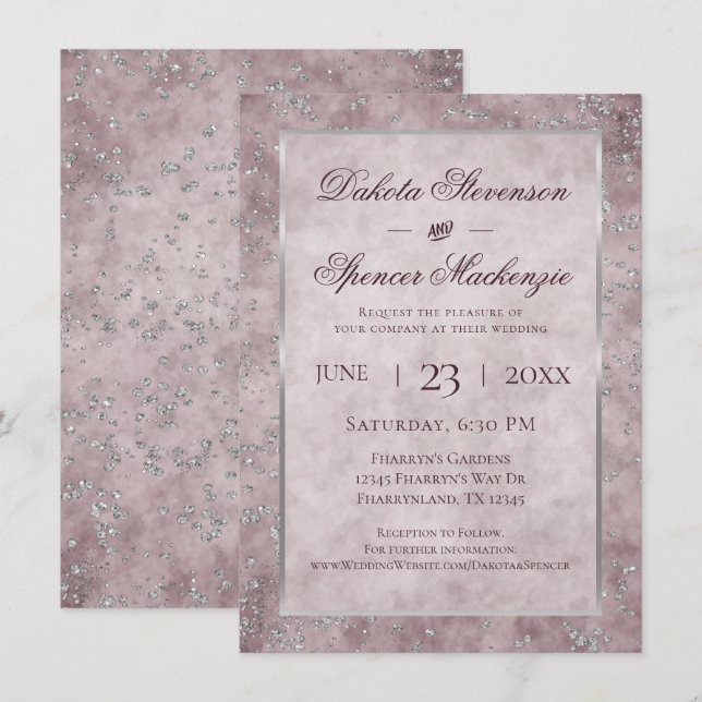 Invitación Diamond Sparkle | Boda de Mauve y Silver Purpurina (Anverso / Reverso)
