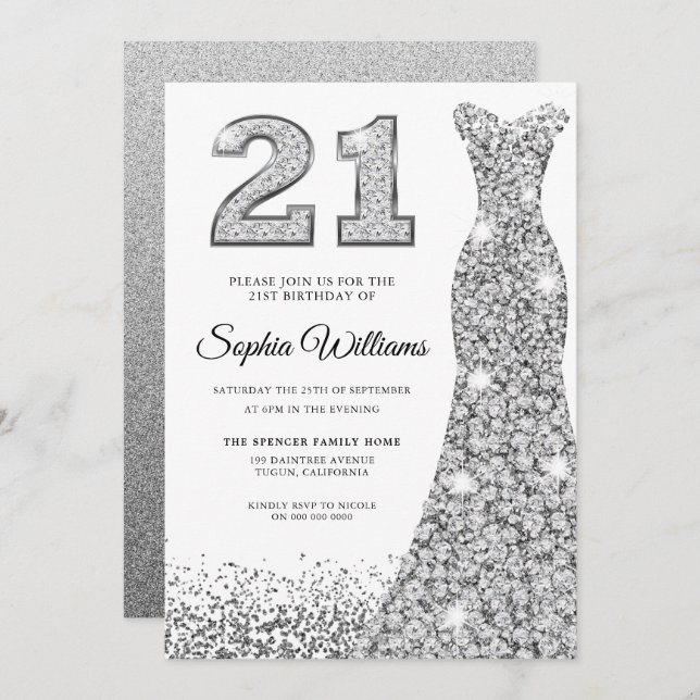 Invitación Diamond Sparkle Purpurina Vestido 21 Fiesta de cum (Anverso / Reverso)