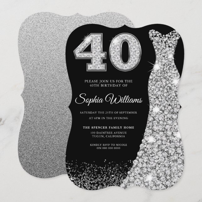 Invitación Diamond Sparkle Vestido 40 cumpleaños Fiesta negro (Anverso / Reverso)