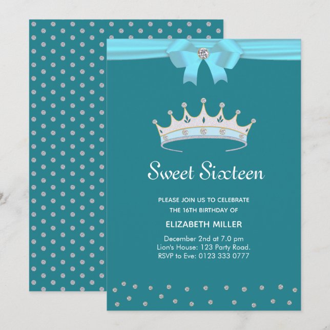 Invitación Diamond Sweet, Purpurina de moda, dieciséis por in (Anverso / Reverso)